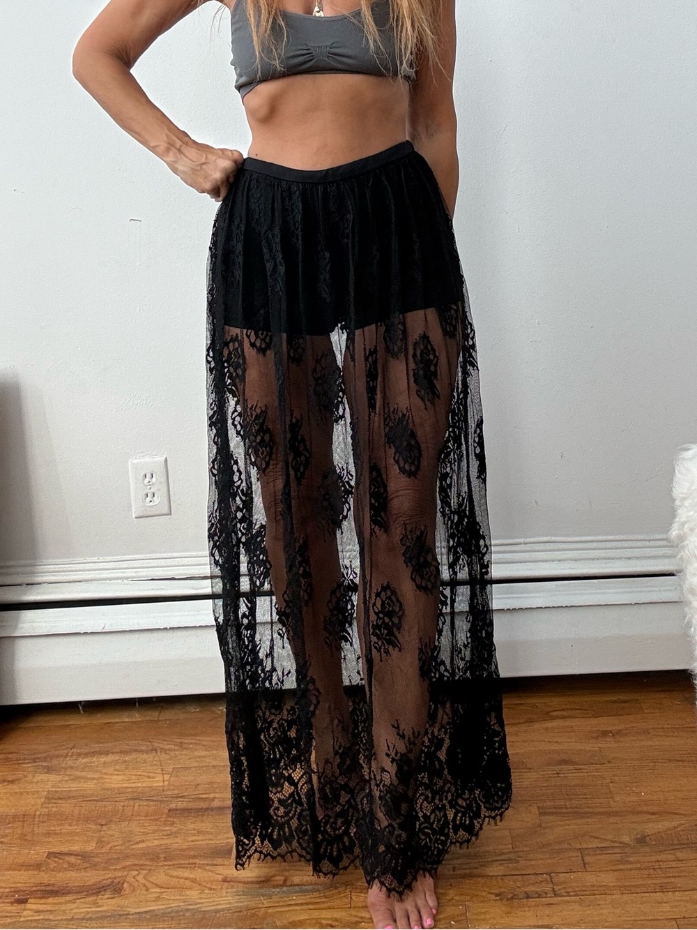 Black Sheer Lace Maxi Skirt - attached shorts